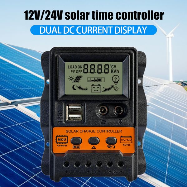 Controlador de carga solar de baterias 12V 24V 10A 20A 30A 40A 50A 60A Controlador solar Painel solar Controlador de bateria Regulador Dual USB LCD 230715