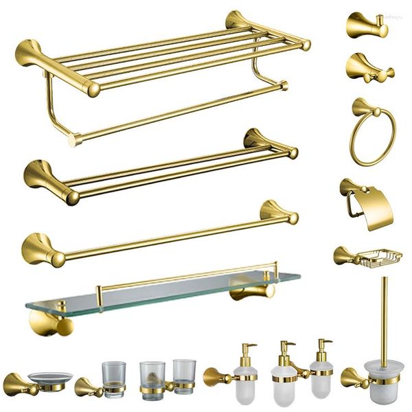 Bad-Zubehör-Set, Badezimmer-Zubehör, Papierhalter, Seifenablage, Handtuchhalter, Toilettenbürstenhaken, Messing-Gold-Hardware