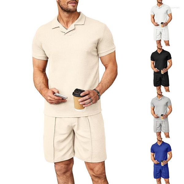 Fatos de treino masculinos, roupas para homens, moletom, moletom, conjunto masculino, verão, waffle, decote em V, camisa polo, lapela, manga curta, camiseta, terno, 2 peças