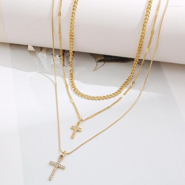 Choker Einfache Gold Farbe Multilayer Kreuz Anhänger Halskette Für Frauen Metall Schmuck Schlüsselbein Kette Collier Femme