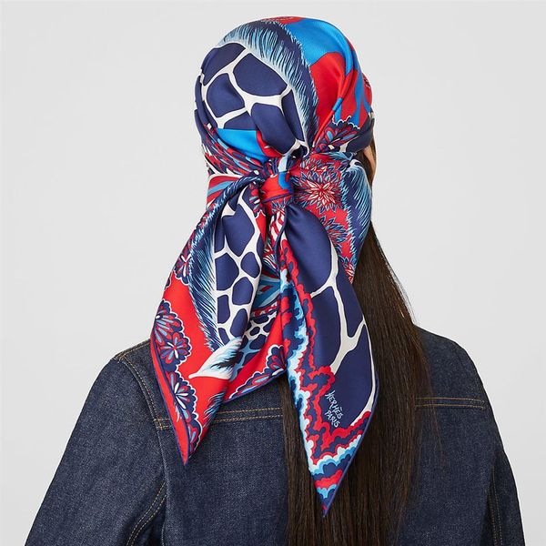 Ручная ручная края шелковая квадратная шарф-шарф, женщины с двусторонними атласными шарфами жирафа животные винтажные шарфы головы Шаллы 2848