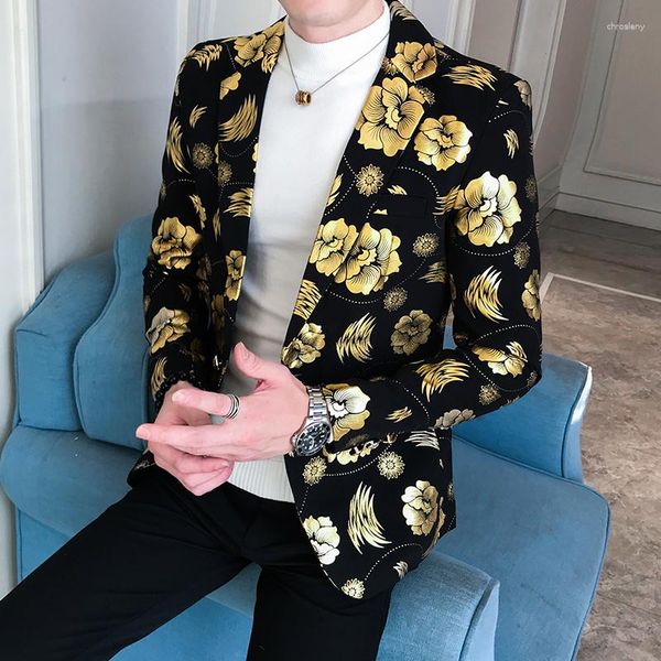 Ternos Masculinos Marca Golden Men Slim Fit Floral Blazer Jaqueta Terno Estampado Flores Moda Masculino Festa Palco Vestido Formal Prata Dourado