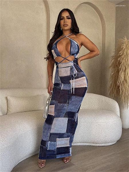 Vestidos casuais 2023 Sexy Summer Outfits Bodycon Sleeve Halter Dress Women Streetwear Maxi Blue Print Party Club Mesh For