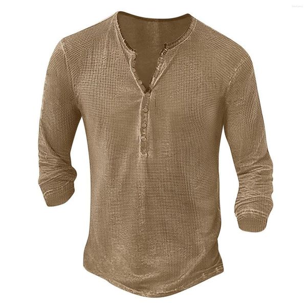 Männer T Shirts Retro Einfarbig Henley Langarm T-Shirt V-ausschnitt Taste Hemd Männlich 2023 Frühling Herbst Lose tops Casual Tees