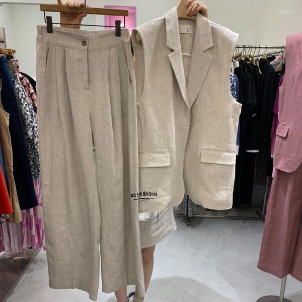 Conjunto de calças femininas de duas peças 2023 verão sem mangas blazer coreano solto casual moda versátil conjunto de linho de algodão colete feminino C004
