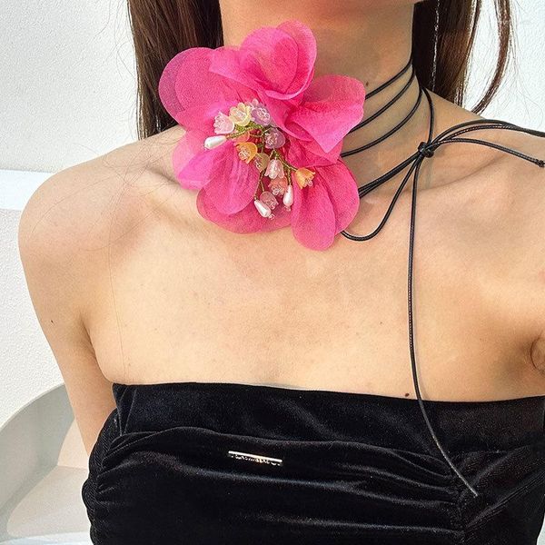 Gargantilha Ins Grande Fio Chiffon Colar Flor Para Mulheres Tecido Noivado Corrente Casamento Joias Boho Presente Collier