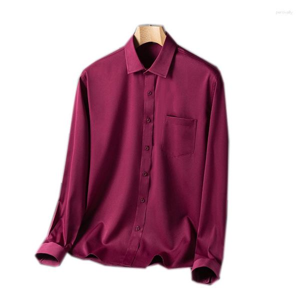 Camisas Masculinas Camisa Masculina Tecido Elástico Sólido Vermelho Formal Social Escritório Primavera Verão Manga Longa TL006