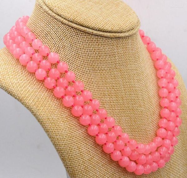 Ketten verkaufen Mode 3 Reihen von 8 mm rosa Jade Perlen Schmuck Halskette 17-19 ZollAAA