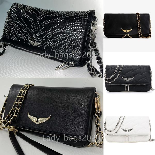 Zadig Voltaire ZV Correntes Bolsas com rebites Asas de grife Bolsa feminina de engomadoria com diamante Bolsa de ombro feminina Bolsa de ombro com rebite Bolsa transversal de couro Bolsas de corrente transversal de couro Novo