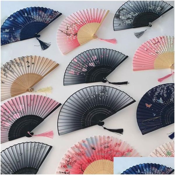 Artes e Ofícios Estilo Vintage Seda Folding Fan Chinês Padrão Japonês Arte Artesanato Presente Decoração para Casa Enfeites Ventiladores de Mão de Dança 580 Dhirq