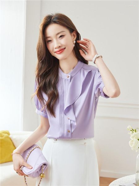 Damenblusen Mode Frau Bluse 2023 Sommer Elegant und Jugend Frauen Kurzarmhemd Lila Rosa Weiß Tops Koreanische stilvolle Kleidung