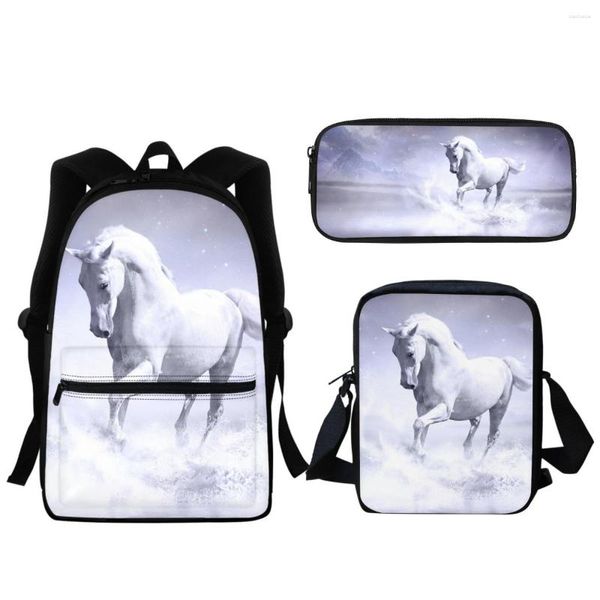 Mochilas escolares branco padrão cavalo selvagem bolsa de impressão 3D 3 PC meninos meninas mochila almoço mensageiro estojo lápis alunos primário