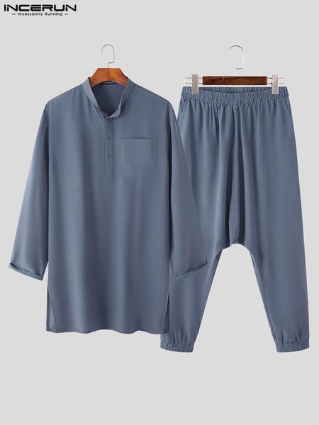 Giubbotti Set da uomo Abbigliamento musulmano solido Colletto alla coreana Camicia a maniche lunghe Pantaloni con cavallo basso 2 pezzi Abiti vintage da uomo casual S5xl Incerun