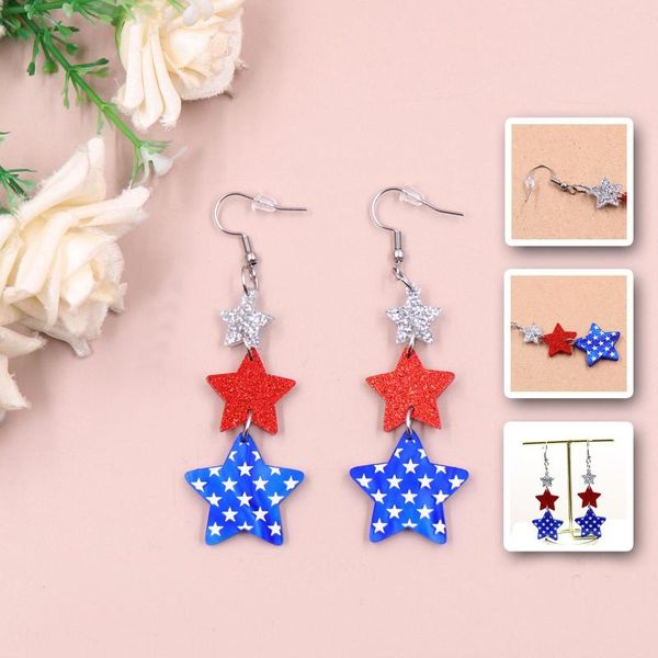 Brincos de argola 4 de julho acrílico patriótico vermelho branco azul bandeira americana estrela pendente glitter dia do memorial da independência