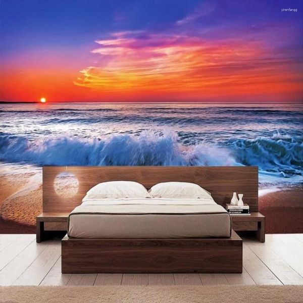 Papéis de parede 3D pintura à mão mar pôr do sol murais de parede para sala de estar cenário papel de parede rolos de papel impressos po papel mural