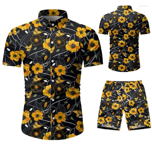 Мужские спортивные костюмы гавайские рубашки костюмы костюмы повседневной костюм летний костюм цветочных рубашек устанавливают классическую одежду для мужчин европейский плюс M-3XL