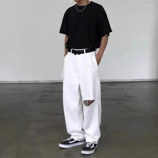 Erkekler Kot Gevşek Erkekler Moda Beyaz Vintage Delik Pantolonlar All-Match Düz Yırtık Pantolon Unisex Giyim Yaz Y2K Sokak Giyseni Koreli