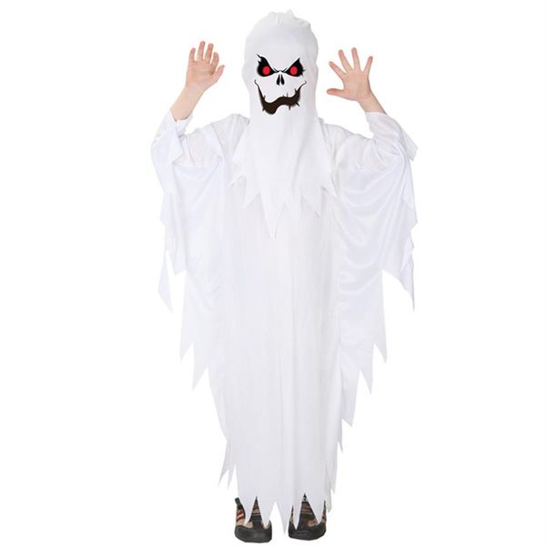 Traje de tema para crianças, meninos, fantasias assustadoras e assustadoras de fantasma branco Robe Hood Spirit Halloween Purim Party Carnival Role Play Cosplay 2976