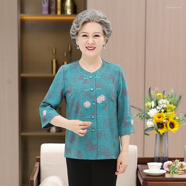 Kadın bluzları Orta yaşta kadınlar bluz bahar yaz anne işlemeli üç çeyrek kollu gömlek blusa büyükannesi üst ince hırka
