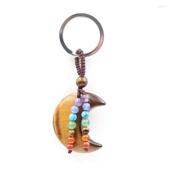 Portachiavi FYSL Handmade Weave Crescent Moon Tiger Eye Stone Portachiavi con piccole perle Guarigione Chakra Gioielli