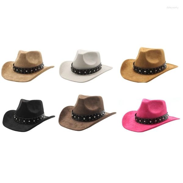 Boinas N58F Chapéu de Cowboy Tibetano Com Rebites Cowgirl Camping Cidade Local de Viagem Aba Larga Tamanho Adulto