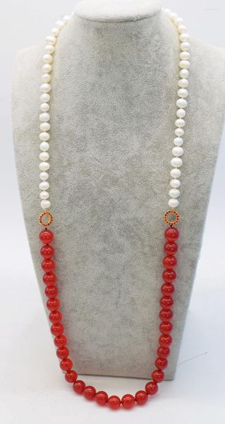 Ketten Süßwasserperle fast rund 8–9 mm und rote Jade 12 mm Halskette Natur Großhandel Perlen 32 Zoll