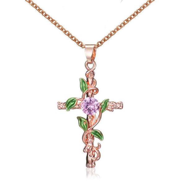 Dainty Colorful Cubic Zirconia Flower Wrapped Collana con pendente a croce Nuove foglie creative Accessori da donna Collari estetici in oro rosa per le donne all'ingrosso