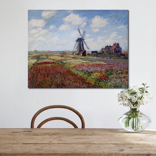 Handgefertigte Leinwandkunst, Tulpenfelder mit der Rijnsburg-Windmühle, Claude Monet, Gemälde, Landschaften, Büro, Studio, Dekoration