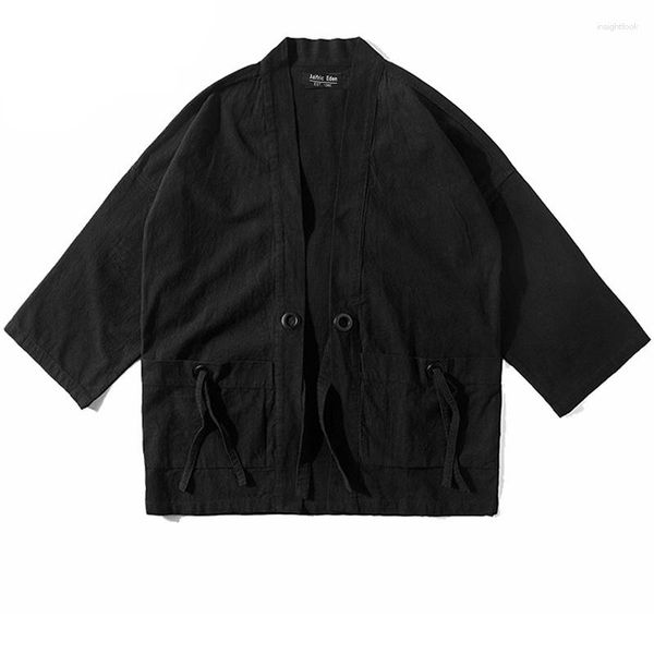 Trench da uomo Giacca Kimono Cardigan LACIBLE Cappotto Uomo sottile Stile giapponese Giacca a vento retrò Uomo Manica media allentata Cotone casual nero