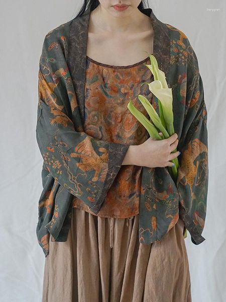 Damenblusen Johnature Damen-Hemden im japanischen Stil, Vintage-Druck, Blumen-Kimono 2023, Frühling, lose Oberteile, hochwertige Strickjacke