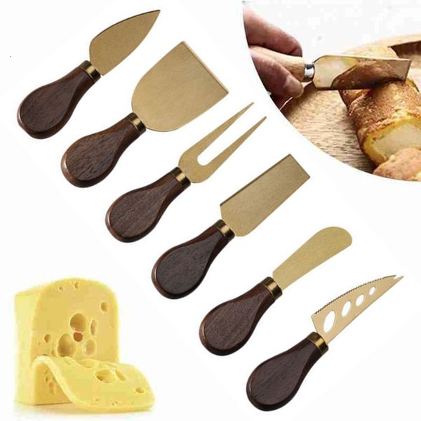 Ferramentas para queijo 6 pçs conjunto de facas de aço inoxidável nogueira cabo de madeira pão bolo cortador de pizza manteiga espátula cozinha 230714