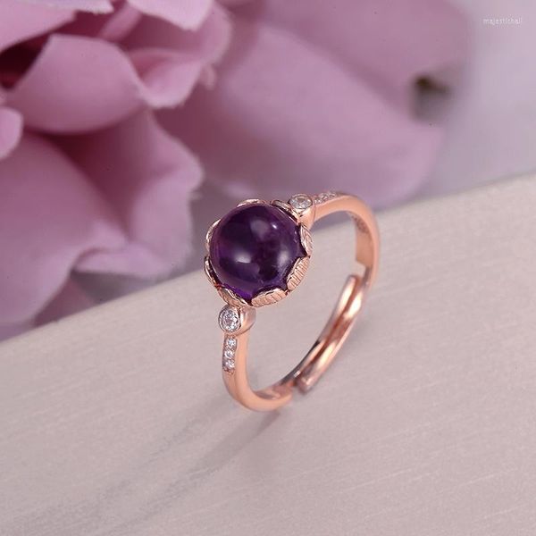 Cluster-Ringe, feiner Schmuck, Sterlingsilber für Frauen, Amethyst, natürliche Kugel, lila Edelstein, rosévergoldeter Ring Vintage CCRI029