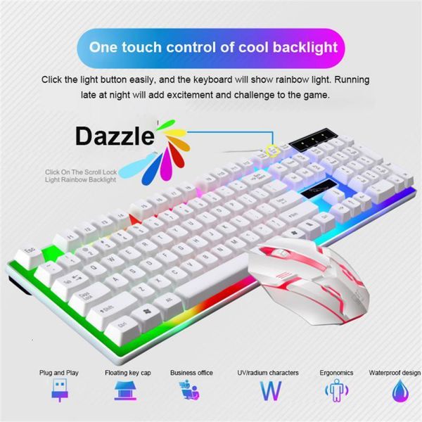 Teclado Mouse Combos Gaming Teclado e Mouse Gamer Kit Teclado com fio e Mouse Set Backlit USB Teclado de computador russo 104 teclas para PC 230715