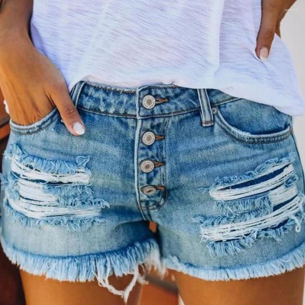 Shorts feminino azul jeans com franja rasgada com bolsos feminino verão 2023 streetwear cintura alta botão para cima sexy buraco rave jeans