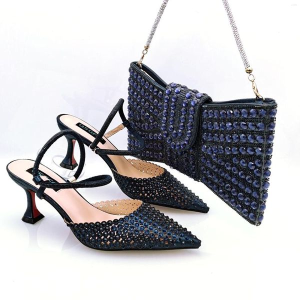 Отсуть обувь Cessesd est Ladies и сумка полная алмазная ручная украшение цветов вечеринка темно -синий цвет