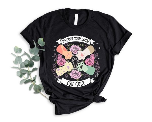 Camiseta feminina Support Your Local Cat Cult Camiseta Pastel Paws Shirt Goth Rose Crystal Shirts Funny Women Witchy Tees Lover Gift 230714