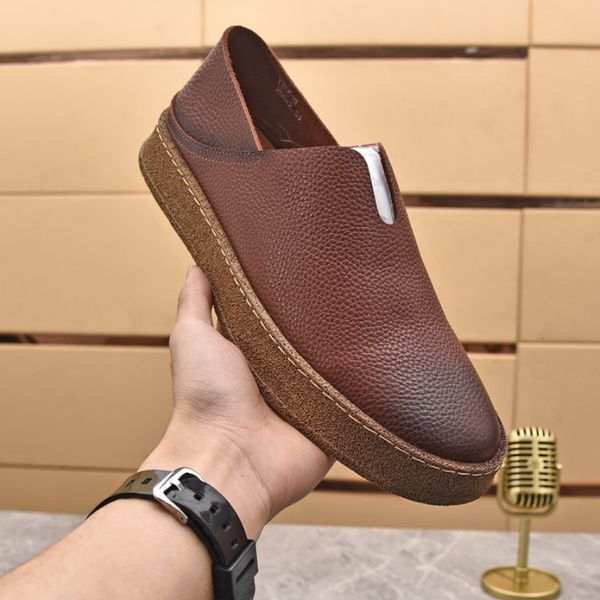 Sapatos sociais verão respirável masculino couro genuíno vintage feito à mão mocassins casuais camada superior negócios costura rasteiras preto marrom 230714