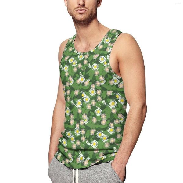 Regatas masculinas Daisy Floral Print Top Folhas Verdes Trendy Summer Workout Camisas Masculinas Padrão Sem Mangas Plus Size