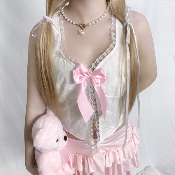Regata feminina Y2K estilo japonês Lolita regata branca rendada borda laço decorar kawaii tops sem mangas coquette macio meninas fenda linda camisola