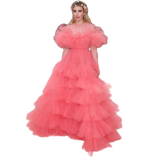 Pembe Uzun Balo Elbise 2023 Ey Boyun Uzun Kollu Katmanlar Tül Ünlü Elbise Fırfır Piller Kadın Gala Vestidos De Novia