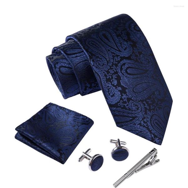 Fliegen Ikepeibao Marineblaue Herren-Paisley-Krawatten-Sets, Einstecktuch, gestreifte Krawatte, Metall-Manschettenknöpfe und Clip-Set, Party-Anzug-Zubehör