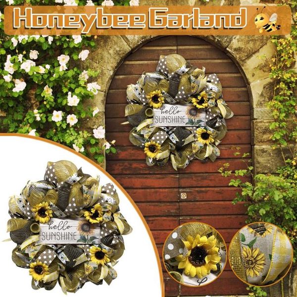 Girasole Simulazione Ghirlanda Porta di benvenuto Segno World Bee Day Ghirlanda Pendenti pendenti artificiali Decorazioni per matrimoni Decorazione domestica Deco306i