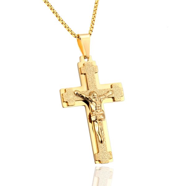 Colares com Pingente Pesado Crucifixo Cruz de Jesus Colar com Pingente Homens Cor de Ouro Aço Inoxidável Masculino Punk Colar Corrente Homens Colares Jóias Presentes 230714