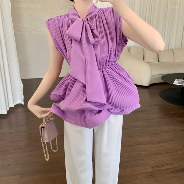 Camicette da donna 2023 Summer Sweet Bow Tie Ruffles Camicia in chiffon Donna Sexy senza maniche Elastico in vita Tunica Temperamento Casual Top