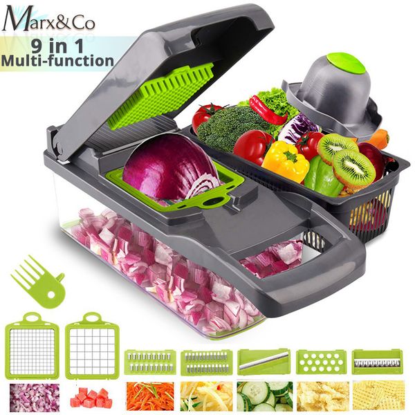 Utensili per frutta e verdura Tagliaverdure multifunzionale Affettatrice Carota Patate Grattugia Cipolla Chopper 9 in 1 con cestello di scarico Cucina Frutta Cibo Gadget 230714