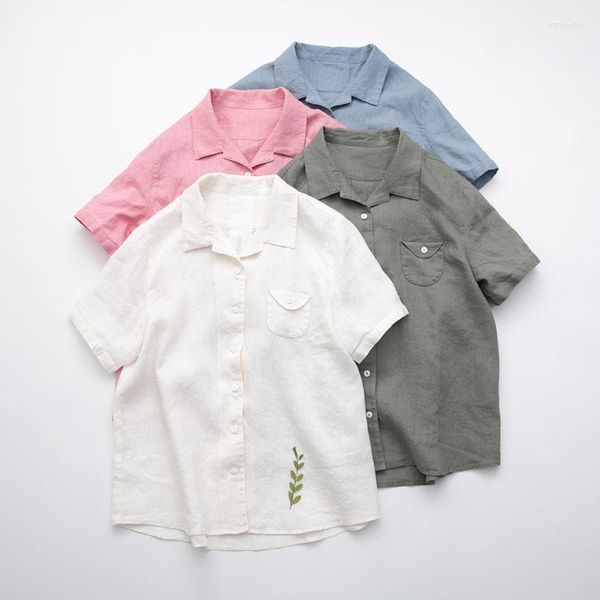 Damenblusen, Baumwoll-Leinen-Hemd, kurzärmelige Oberteile, japanischer Stil, weiße Bluse, locker, lässig