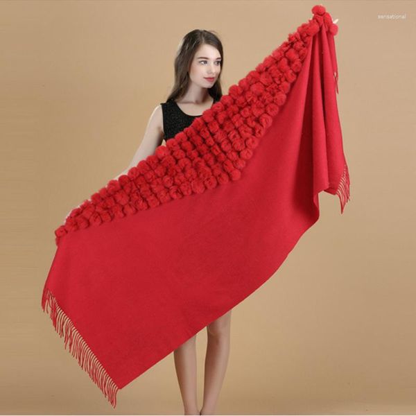 Cachecóis Cachecol Feminino Inverno Grosso Bola de Pompom de Pêlo Genuíno Xales Tamanho Grande e Capa de Lã Feminina Caxemira Pashmina