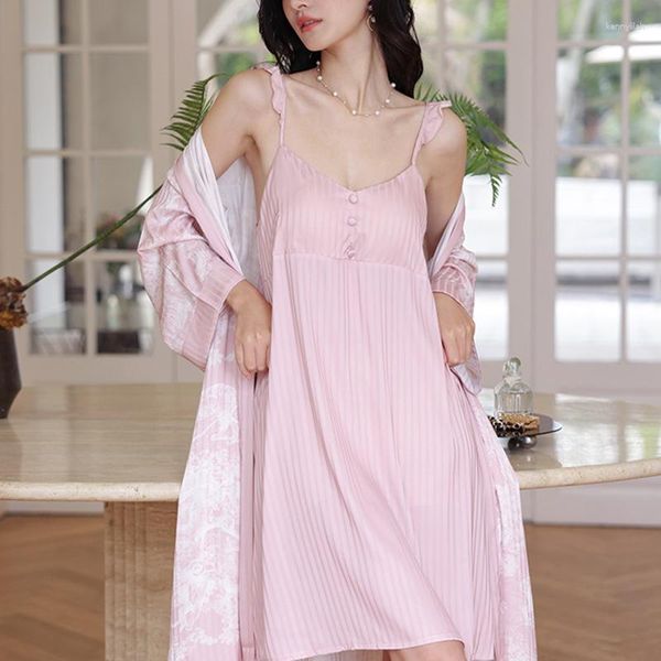 Conjunto de roupa de dormir feminino verão rosa conjunto de robe camisola estampada quimono roupão de banho solto sedoso cetim vestido para casa lounge wear