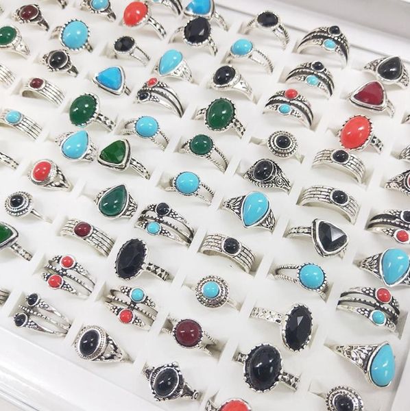 Cluster Rings Bk Lots 50Pcs Ancient Sier Bohemia Natural Pine Stone Vintage Anelli Turchese Per le donne Fashion Ethnic Tribe Antique J1