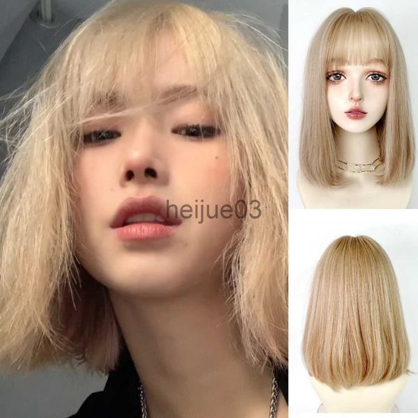 Perucas Sintéticas GAKA Curto Bob Wave Peruca Sintética Para Cosplay Feminino Peruca Amarela Com Franja Rosa Cabelo Natural Lolita x0715